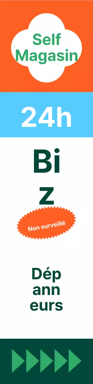 Enseigne carrée de magasin de proximité, grand format, aux couleurs vives et aux motifs variés