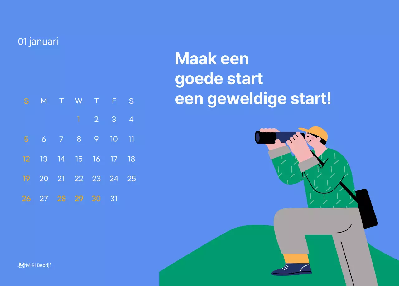 Motiverende kalender met energieke illustraties en positieve citaten op een lichtblauwe achtergrond