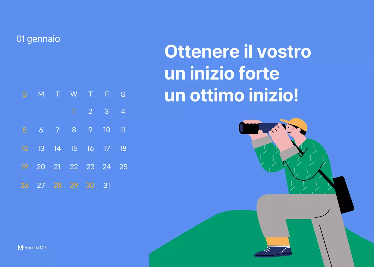 Calendario motivazionale con illustrazioni energetiche e citazioni positive su sfondo azzurro