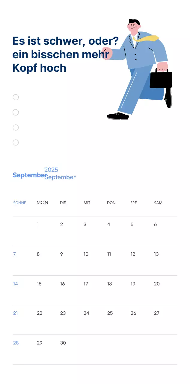 Motivationskalender mit energiegeladenen Illustrationen und positiven Zitaten auf hellblauem Hintergrund