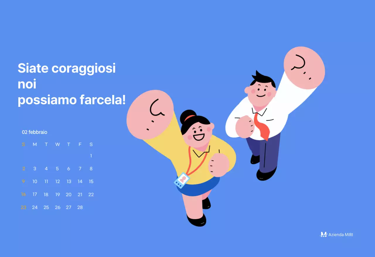 Calendario motivazionale con illustrazioni energetiche e citazioni positive su sfondo azzurro