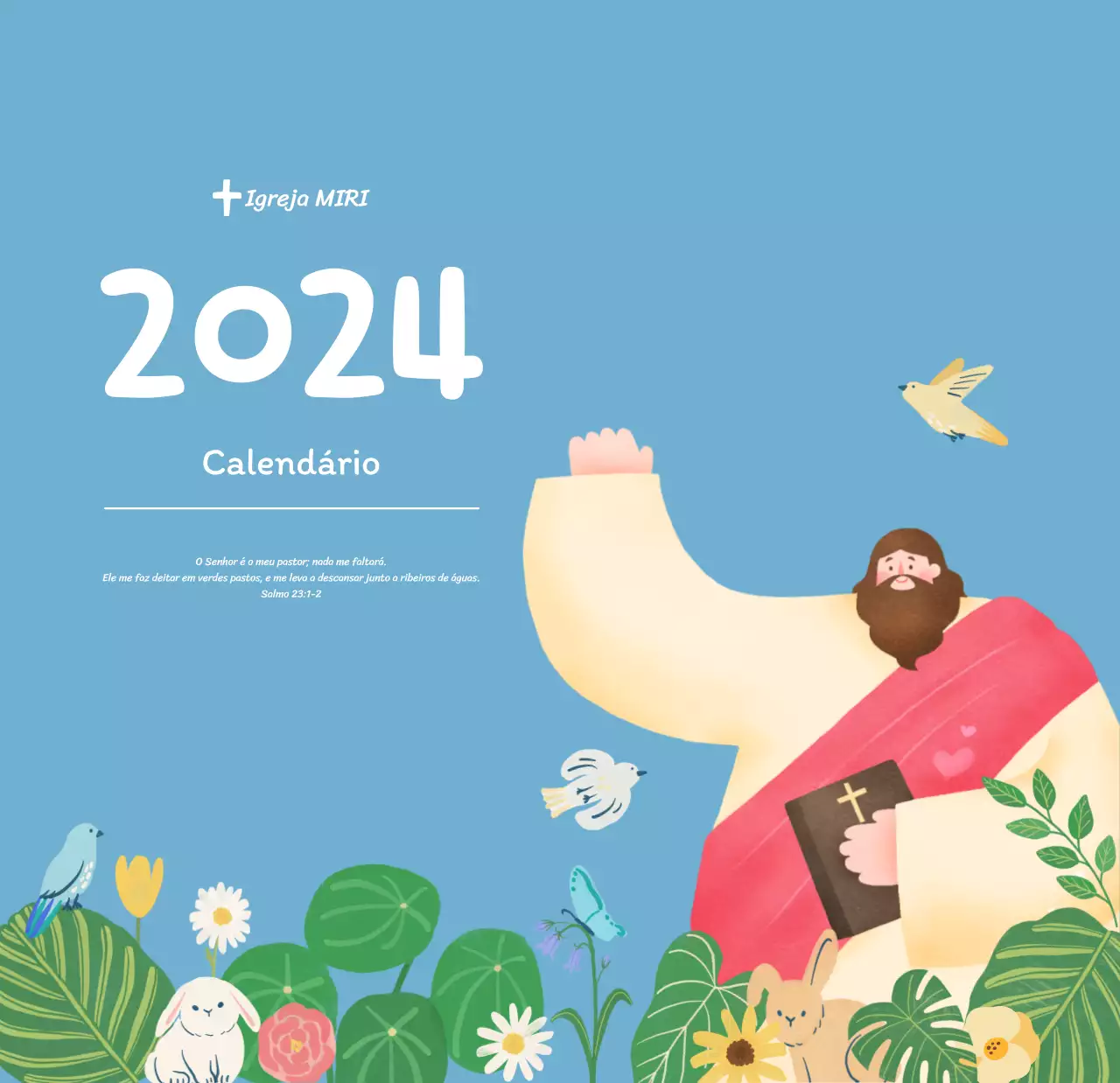Um calendário devocional com ilustrações acolhedoras e versículos bíblicos sobre um fundo azul claro