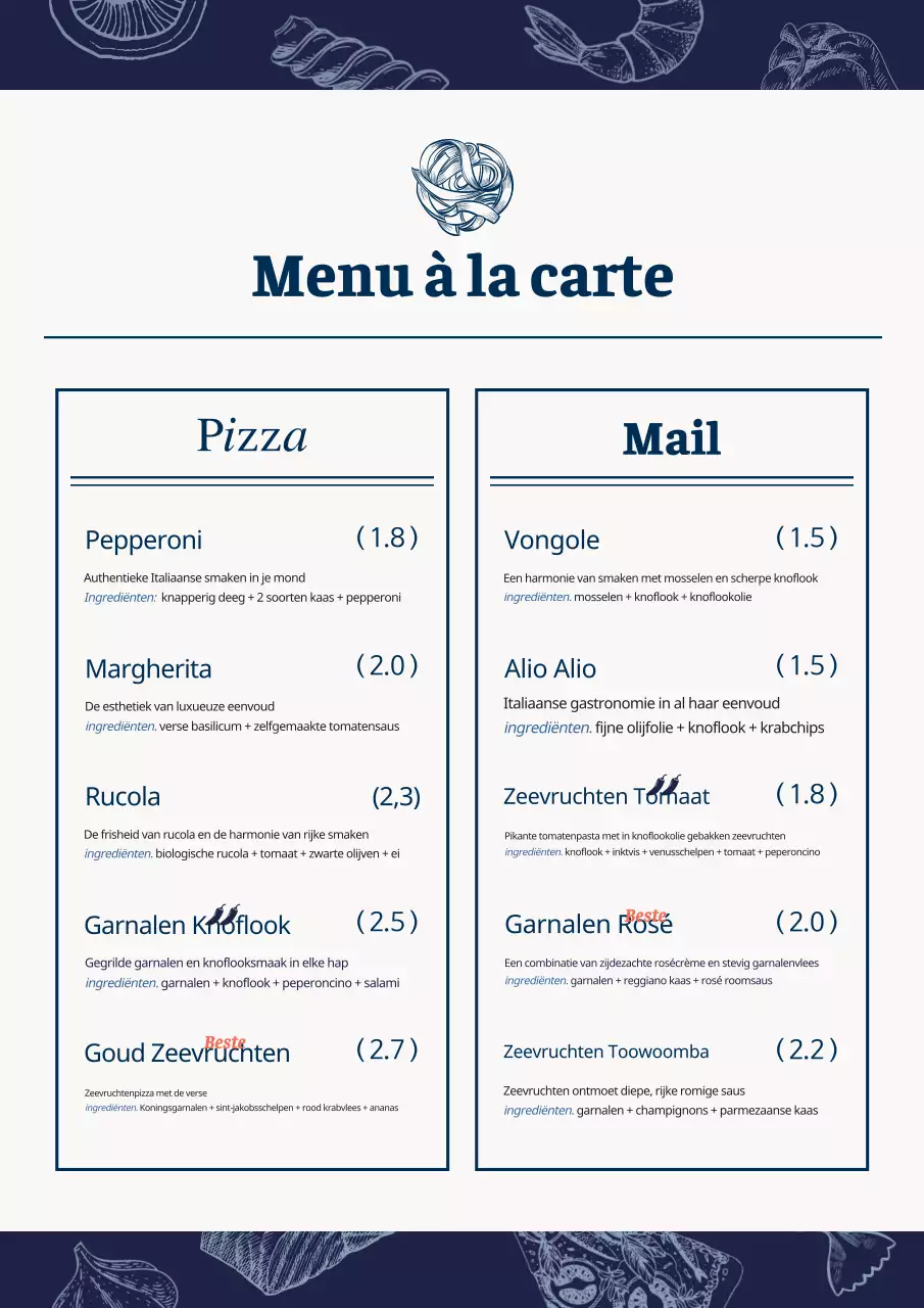 Een verzameling vintage menuborden met zeevruchten in lichtblauw en marineblauw.