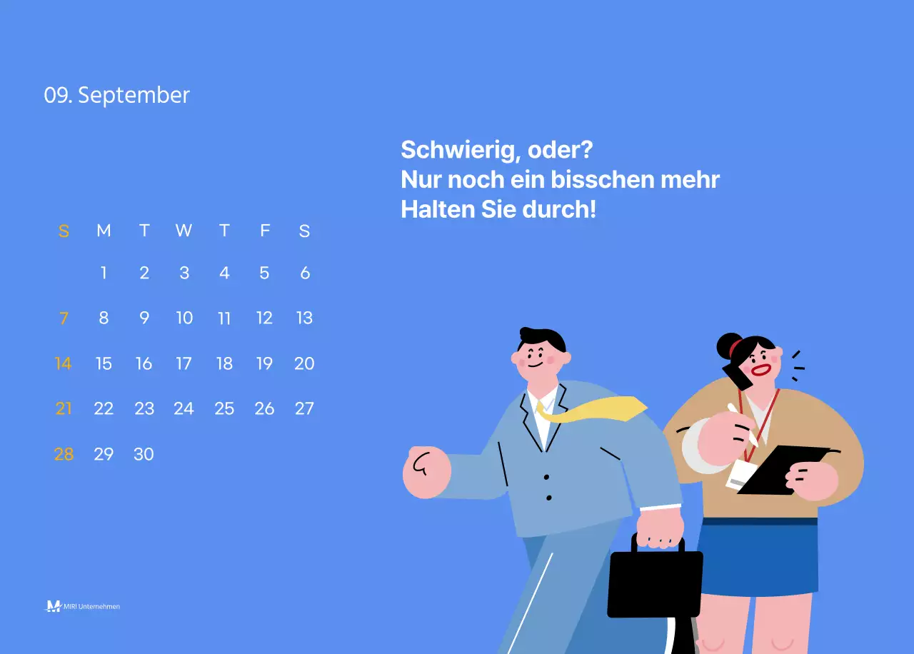 Motivationskalender mit energiegeladenen Illustrationen und positiven Zitaten auf hellblauem Hintergrund