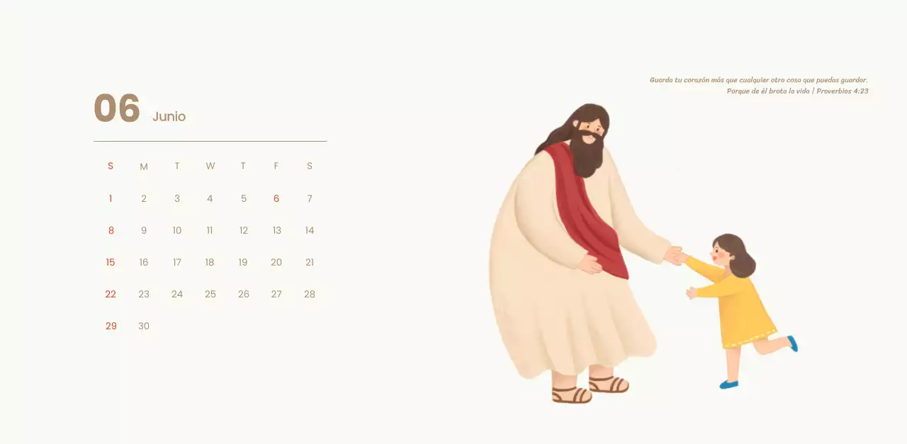 Un calendario devocional con acogedoras ilustraciones y versículos bíblicos sobre fondo azul claro