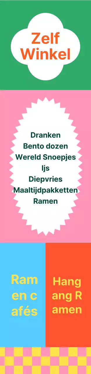 Vierkant groot formaat verkeersbord voor buurtwinkels met levendige kleuren en patronen