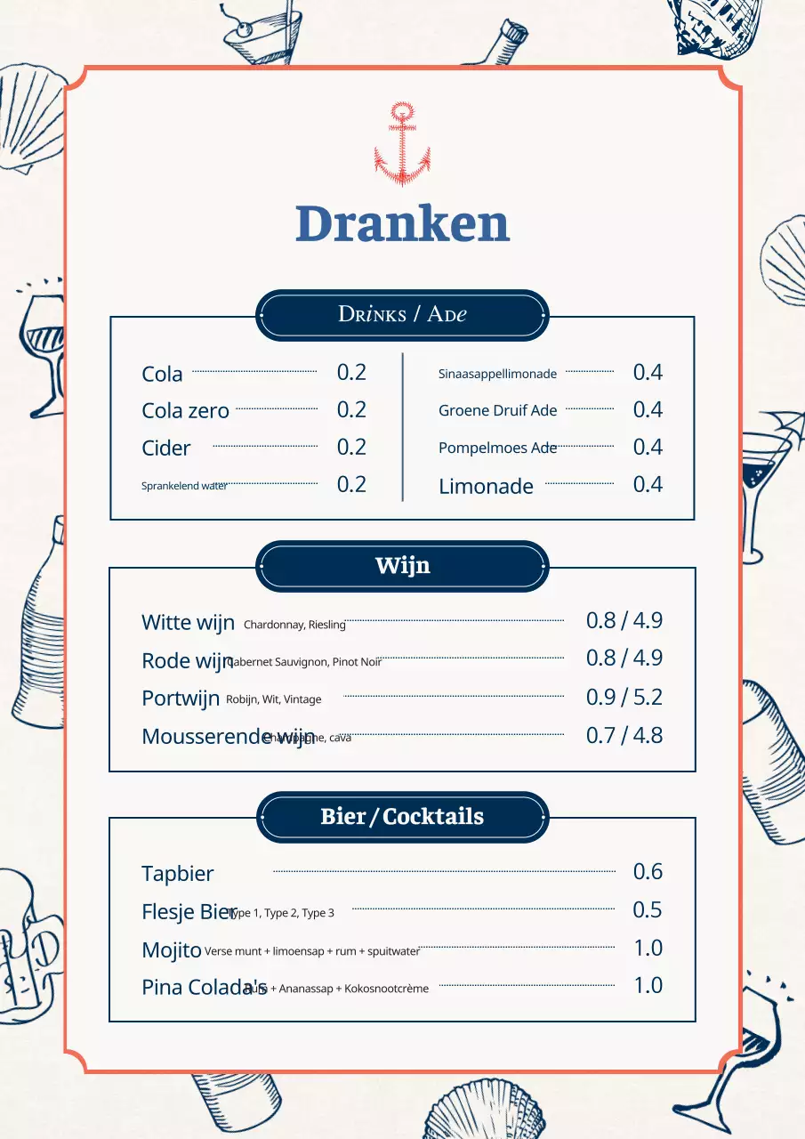 Een verzameling vintage menuborden met zeevruchten in lichtblauw en marineblauw.