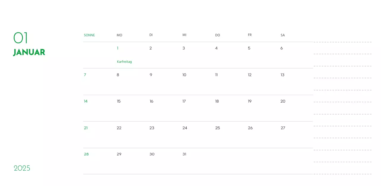Ein Kalender mit einem Welpenfoto und einer süßen Botschaft in grüner Akzentfarbe