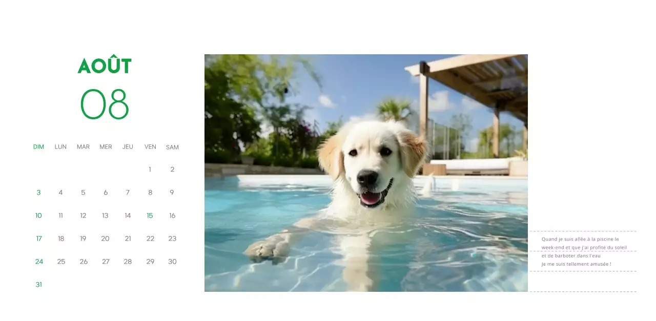 Un calendrier avec une photo de chiot et un message mignon dans une couleur verte.