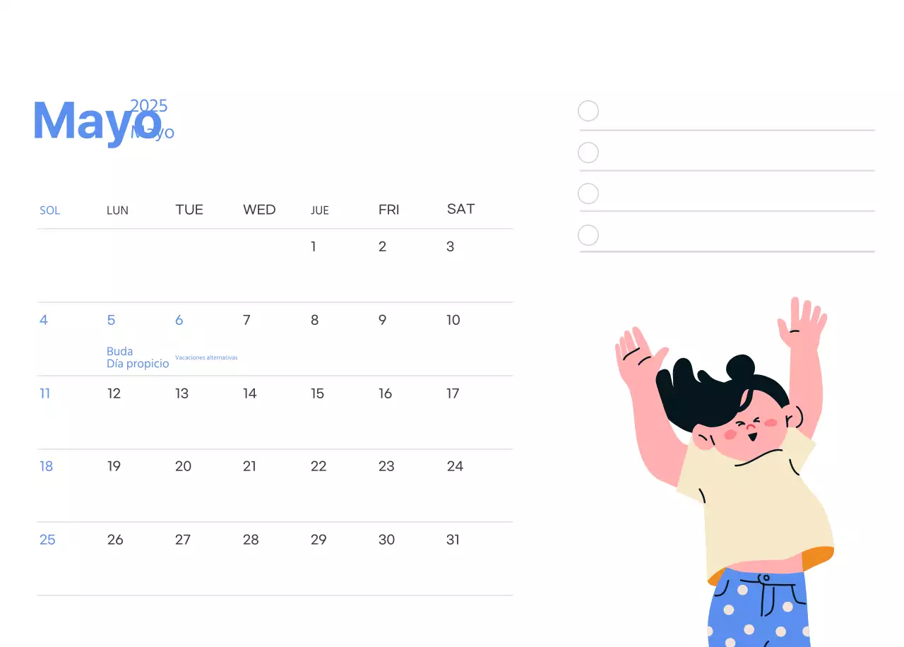 Calendario motivacional con ilustraciones llenas de energía y citas positivas sobre fondo azul claro
