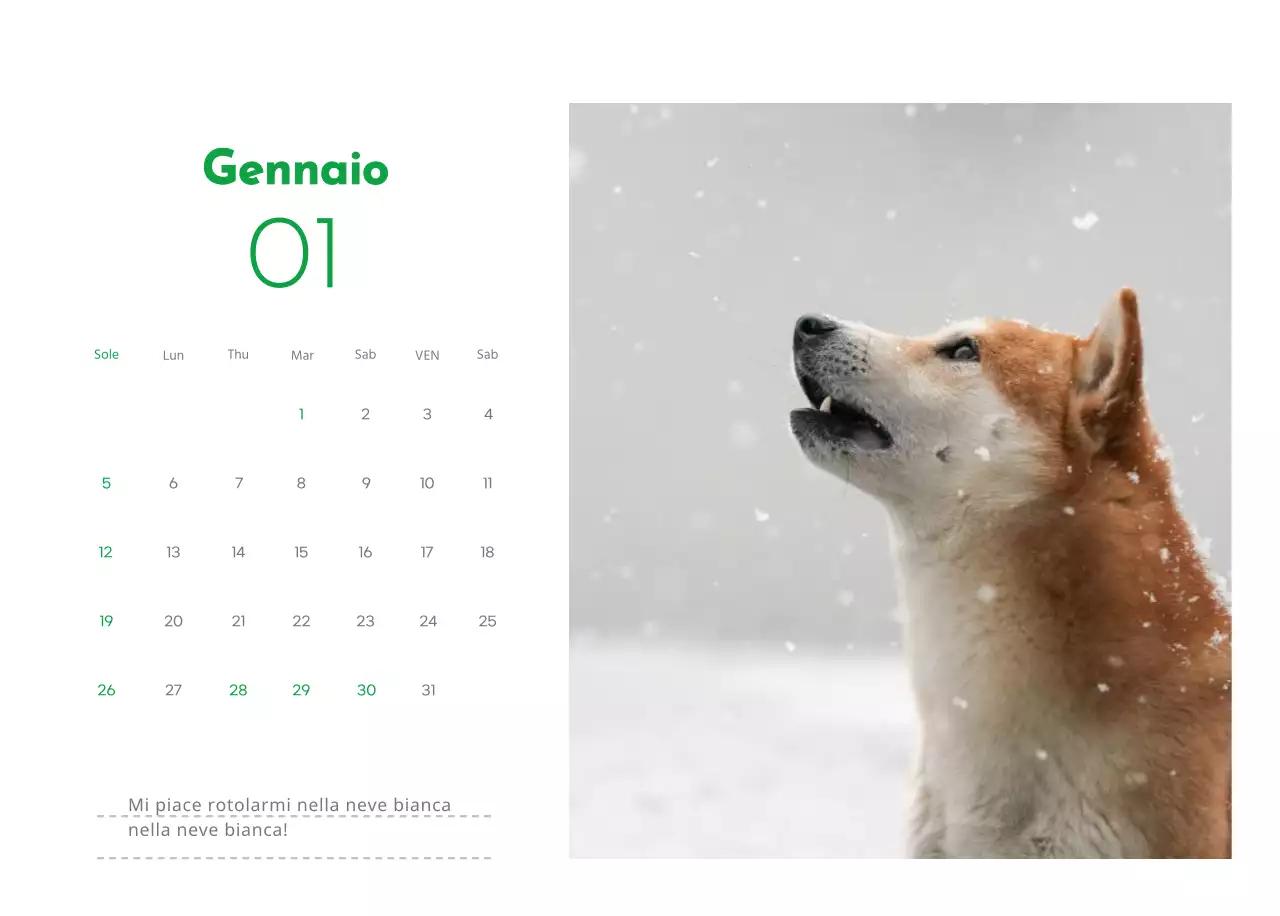 Un calendario con la foto di un cucciolo e un simpatico messaggio in colore verde.