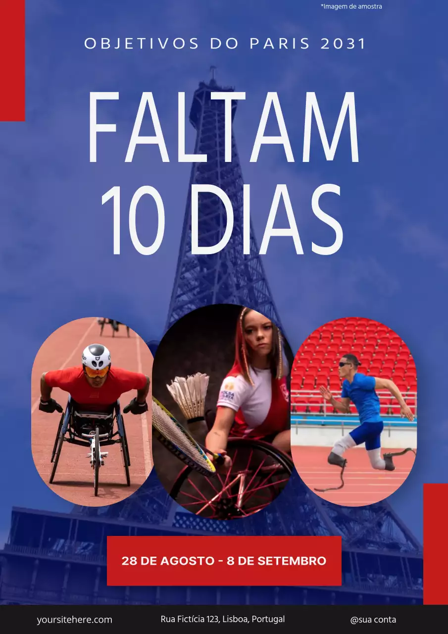 Folheto de evento desportivo em negrito vermelho e branco