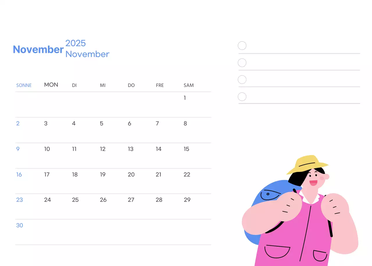 Motivationskalender mit energiegeladenen Illustrationen und positiven Zitaten auf hellblauem Hintergrund