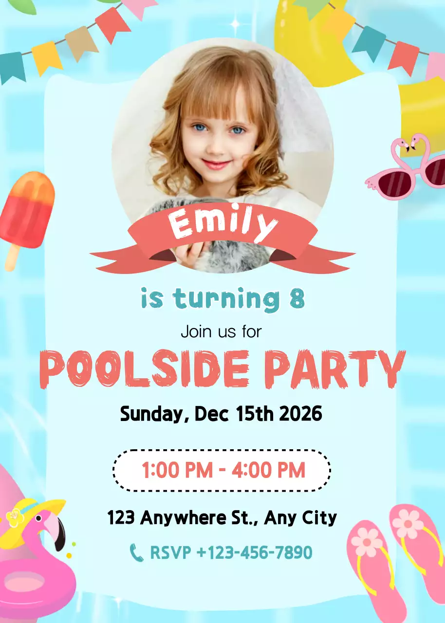 Thiệp mời tiệc hồ bơi dễ thương màu xanh da trời
