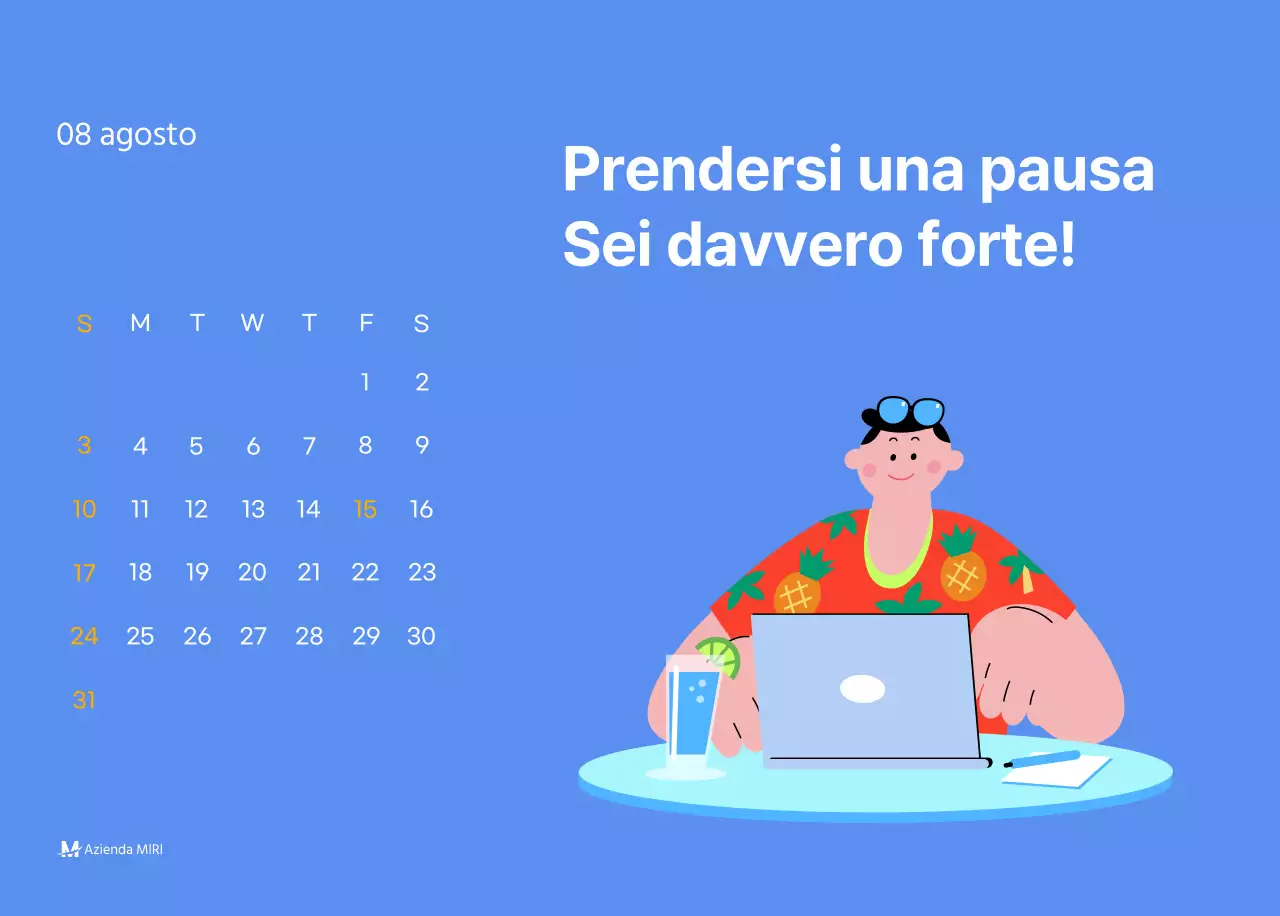 Calendario motivazionale con illustrazioni energetiche e citazioni positive su sfondo azzurro