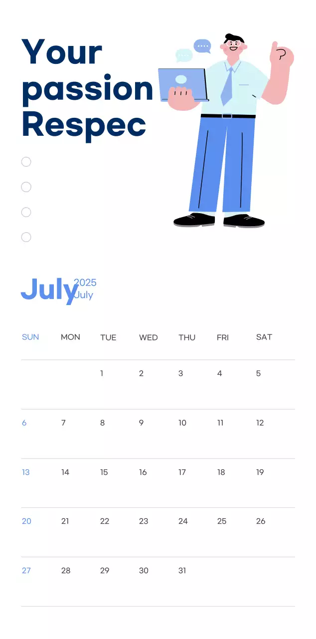 Motivational calendar with energetic illustrations and positive phrases on a light blue background