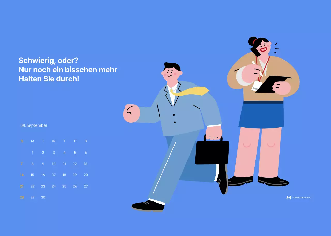 Motivationskalender mit energiegeladenen Illustrationen und positiven Zitaten auf hellblauem Hintergrund