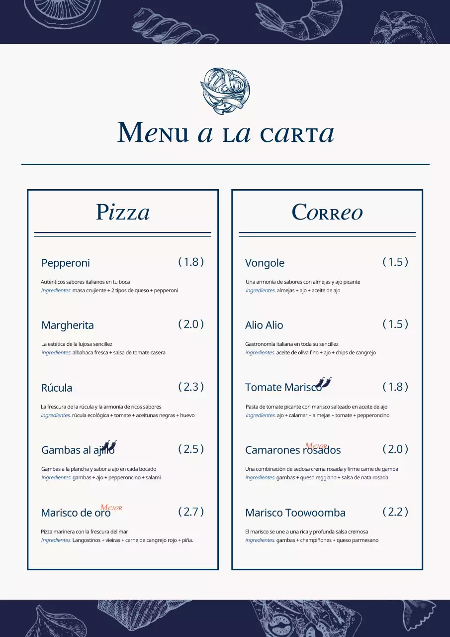 Colección de tableros de menú de marisco vintage en azul claro y azul marino.