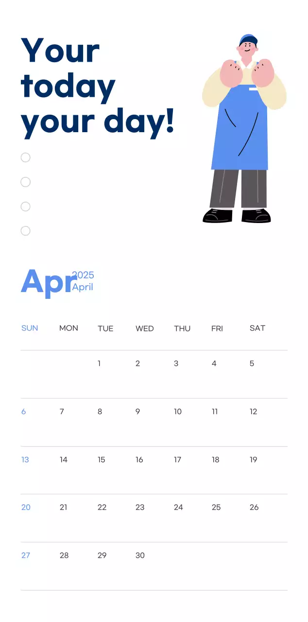 Motivational calendar with energetic illustrations and positive phrases on a light blue background