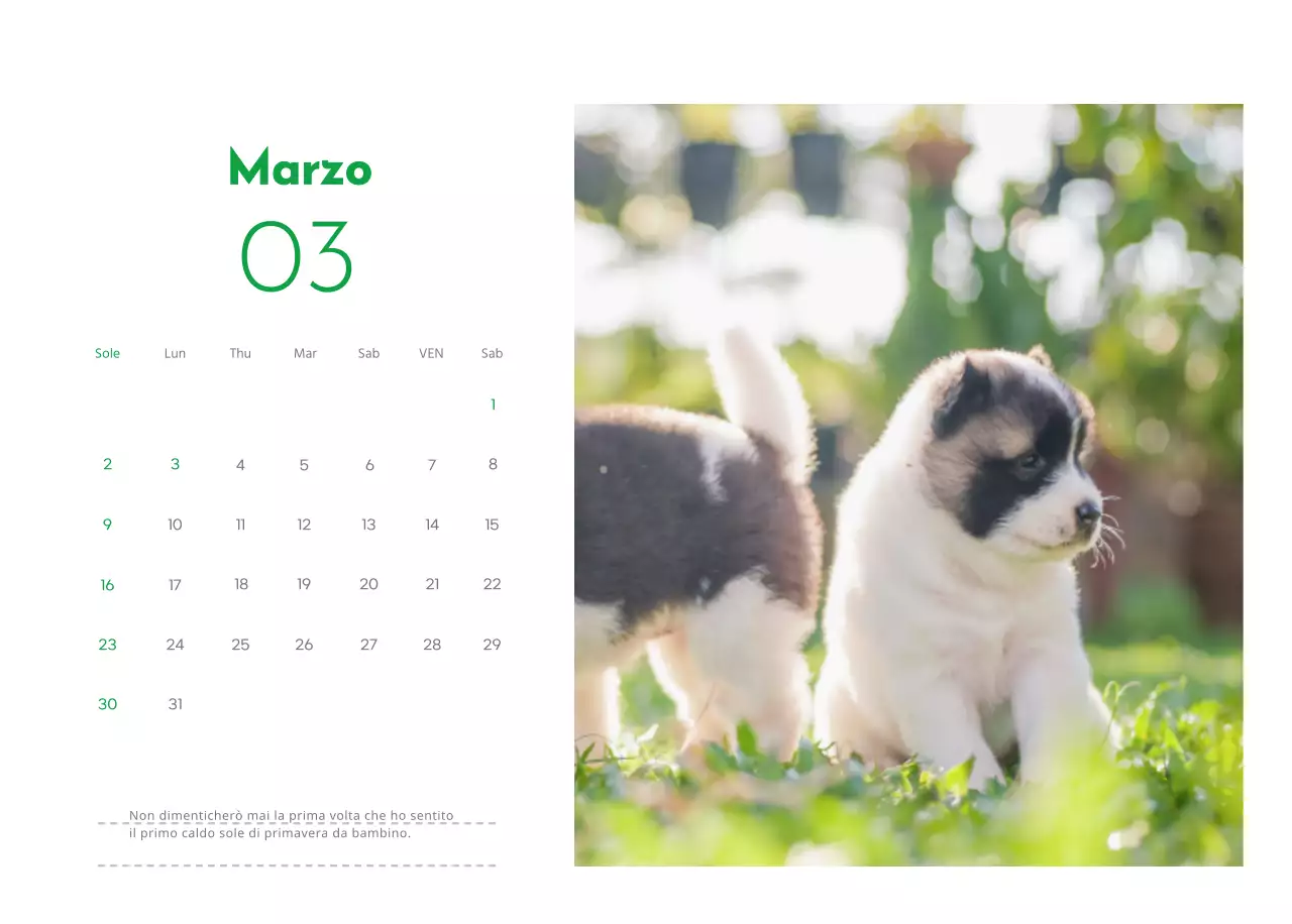 Un calendario con la foto di un cucciolo e un simpatico messaggio in colore verde.