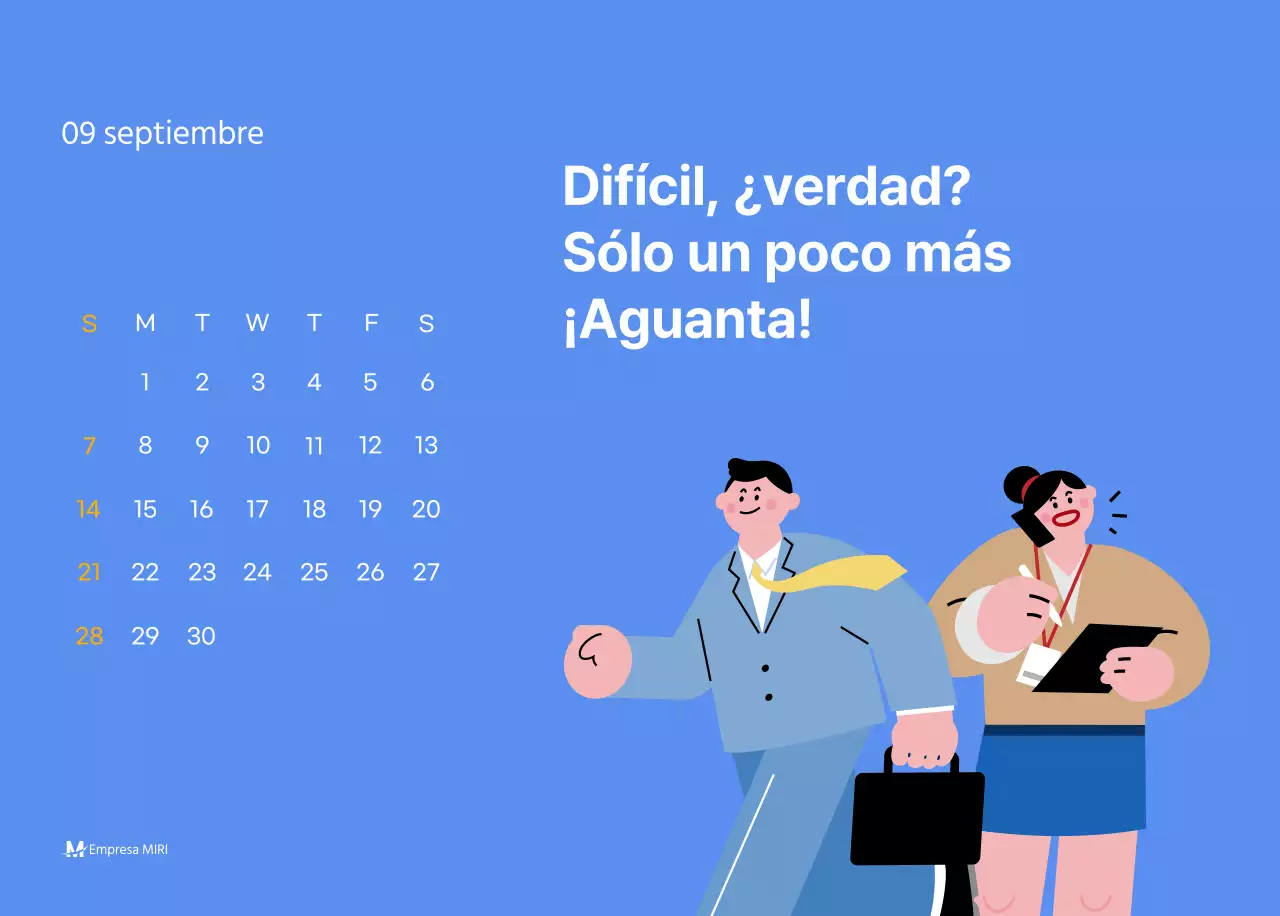 Calendario motivacional con ilustraciones llenas de energía y citas positivas sobre fondo azul claro