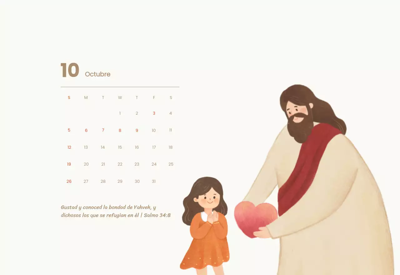 Un calendario devocional con acogedoras ilustraciones y versículos bíblicos sobre fondo azul claro