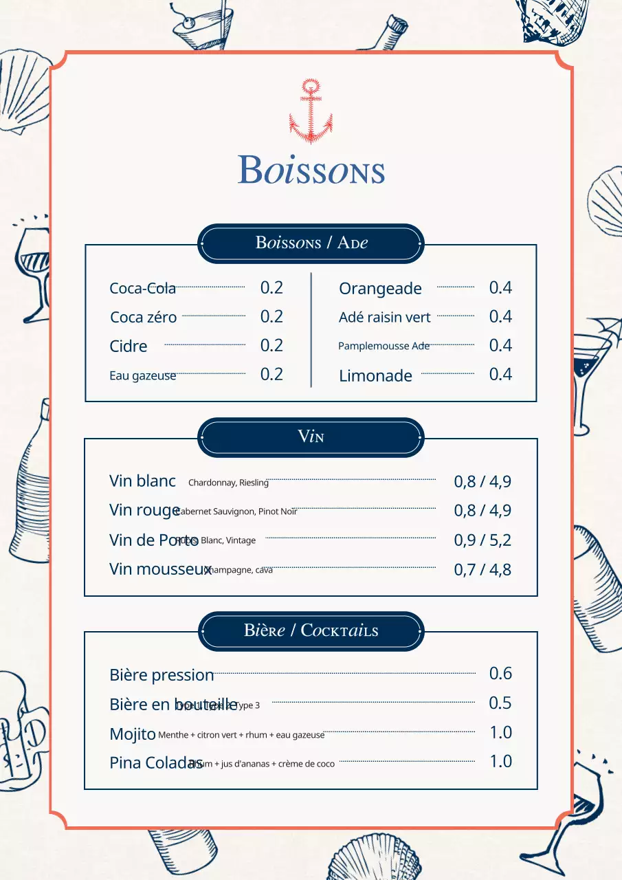 Une collection de tableaux de menus de fruits de mer vintage en bleu clair et bleu marine.