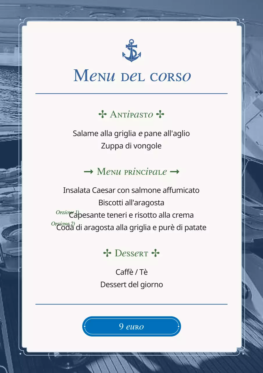 Una collezione di cartelli di menu di pesce d'epoca in blu chiaro e blu navy.