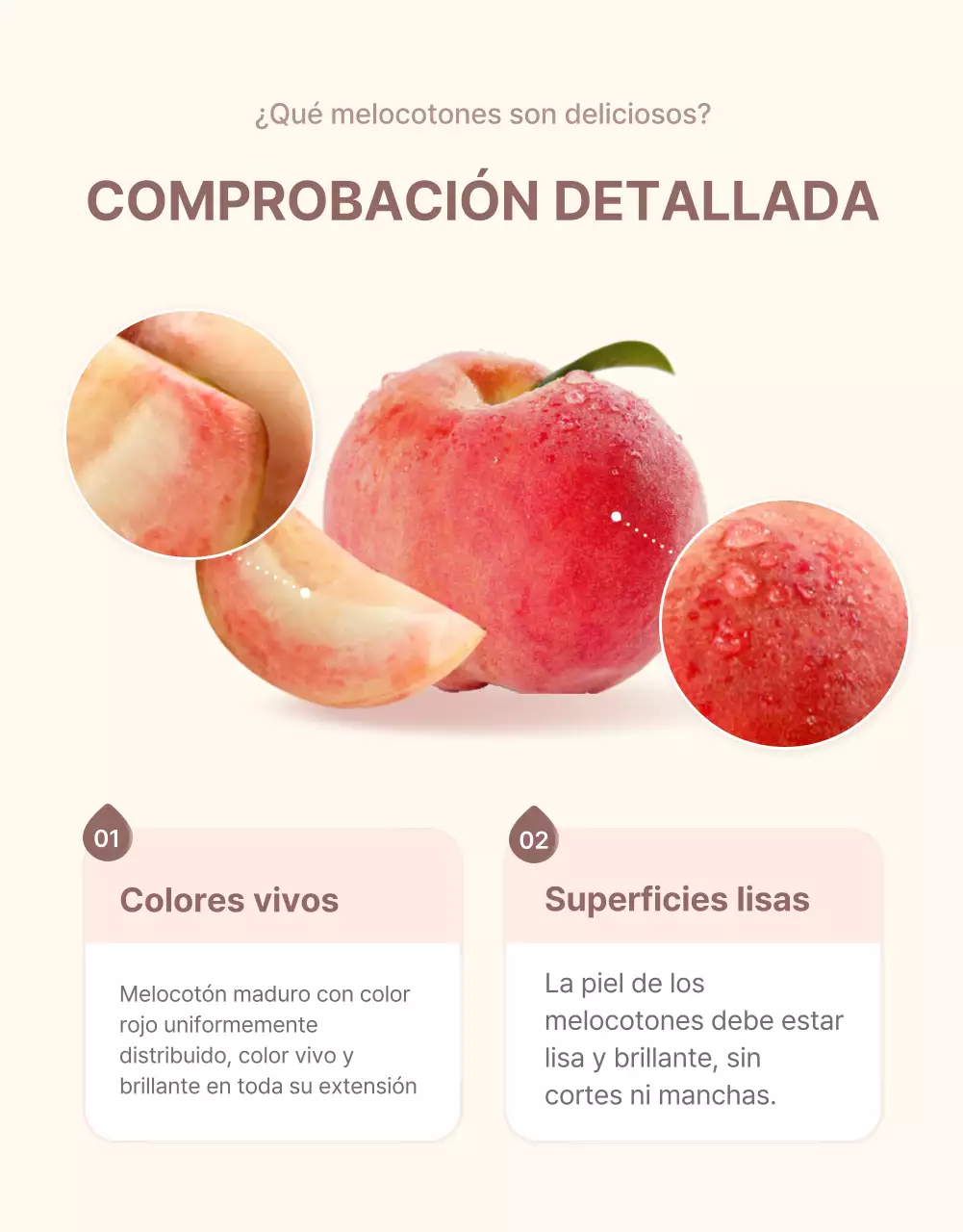 Promueva las opciones de melocotón fresco y los detalles del producto en un esquema de colores amarillo y rosa limpio.
