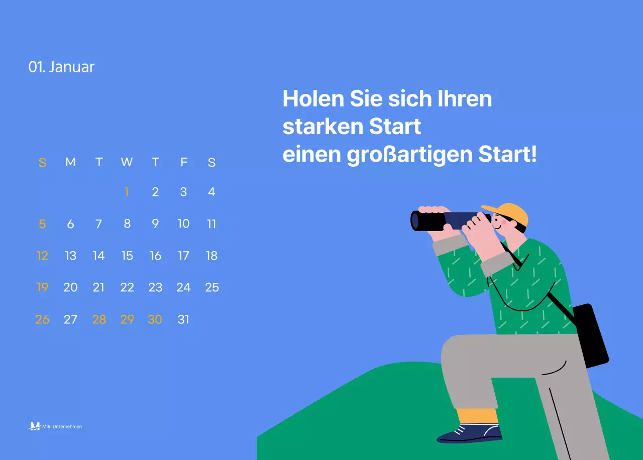 Motivationskalender mit energiegeladenen Illustrationen und positiven Zitaten auf hellblauem Hintergrund