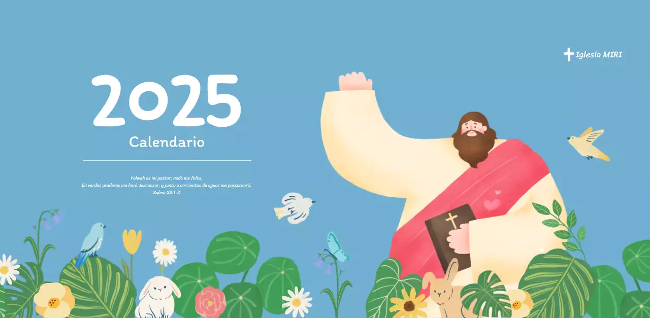 Un calendario devocional con acogedoras ilustraciones y versículos bíblicos sobre fondo azul claro