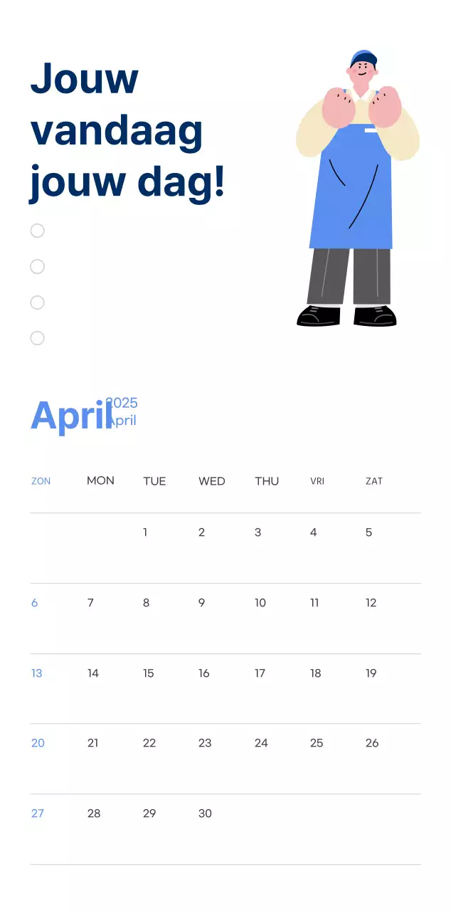 Motiverende kalender met energieke illustraties en positieve citaten op een lichtblauwe achtergrond