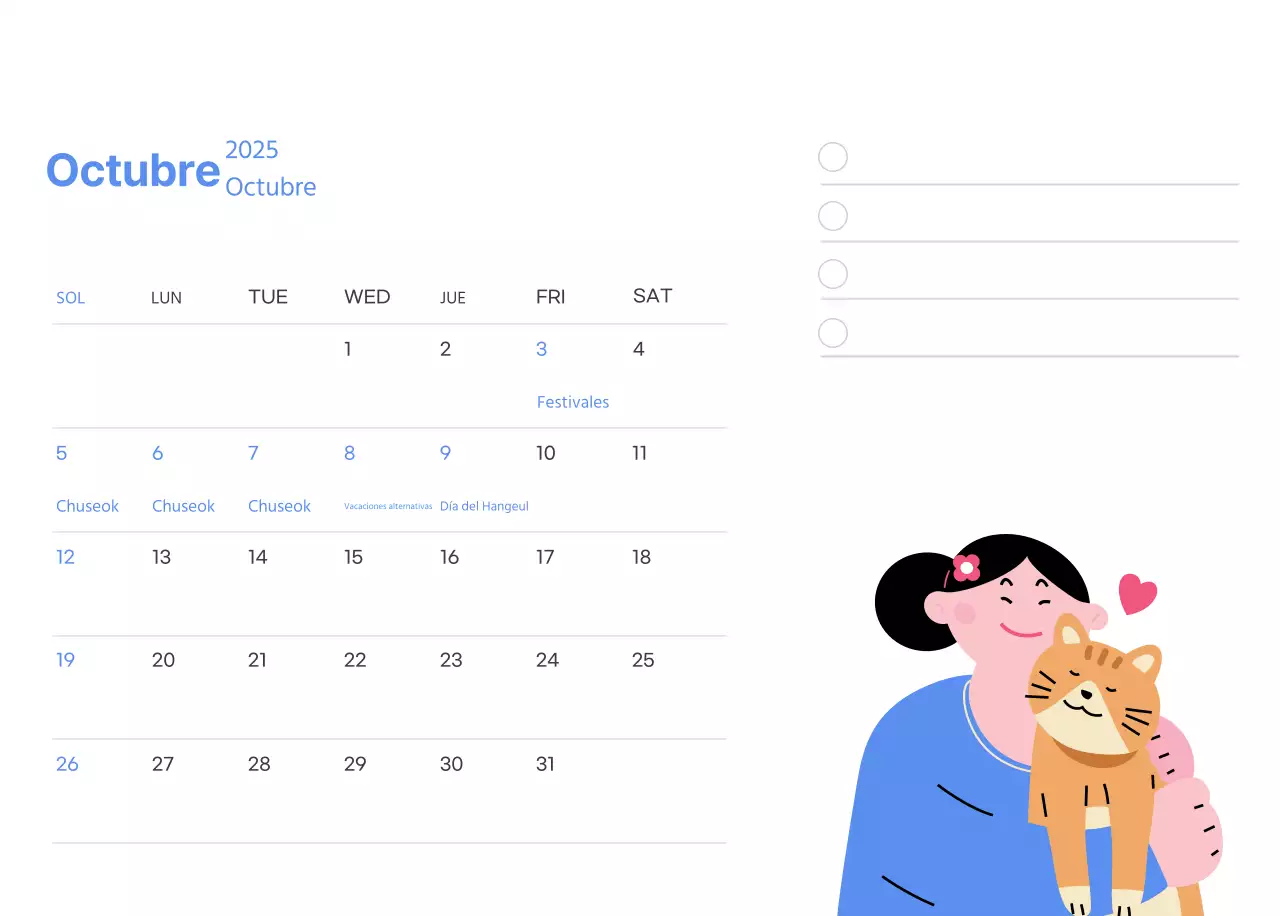 Calendario motivacional con ilustraciones llenas de energía y citas positivas sobre fondo azul claro