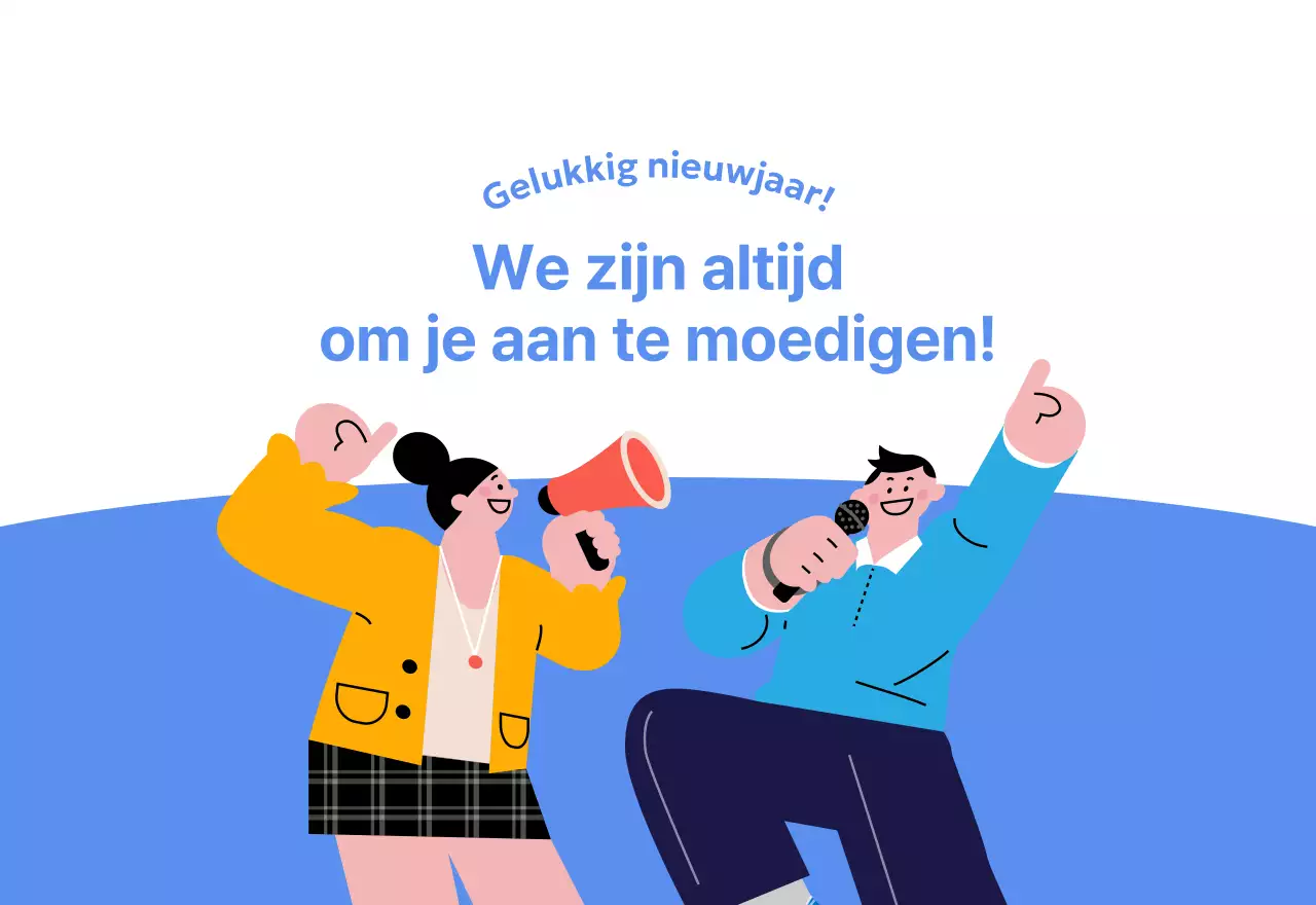 Motiverende kalender met energieke illustraties en positieve citaten op een lichtblauwe achtergrond