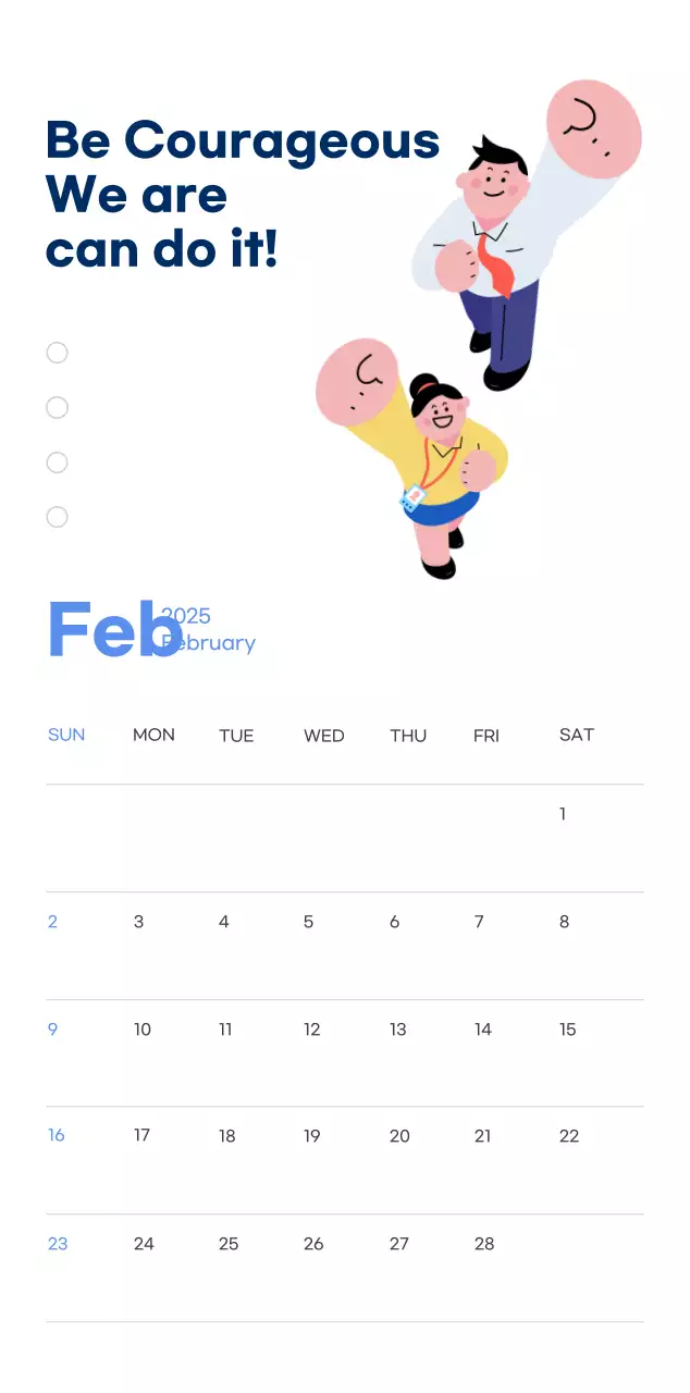 Motivational calendar with energetic illustrations and positive phrases on a light blue background