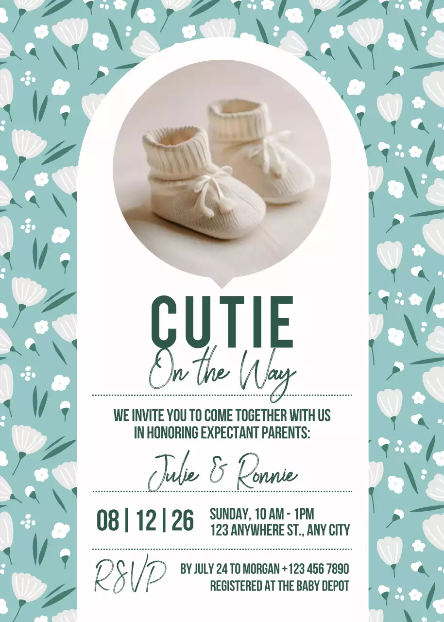 Poster Undangan Bayi Bermotif Bunga Teal