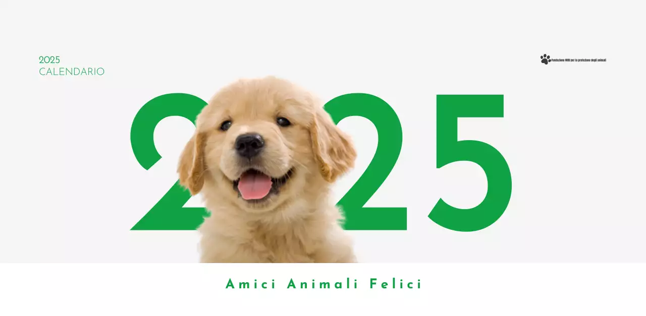 Un calendario con la foto di un cucciolo e un simpatico messaggio in colore verde.