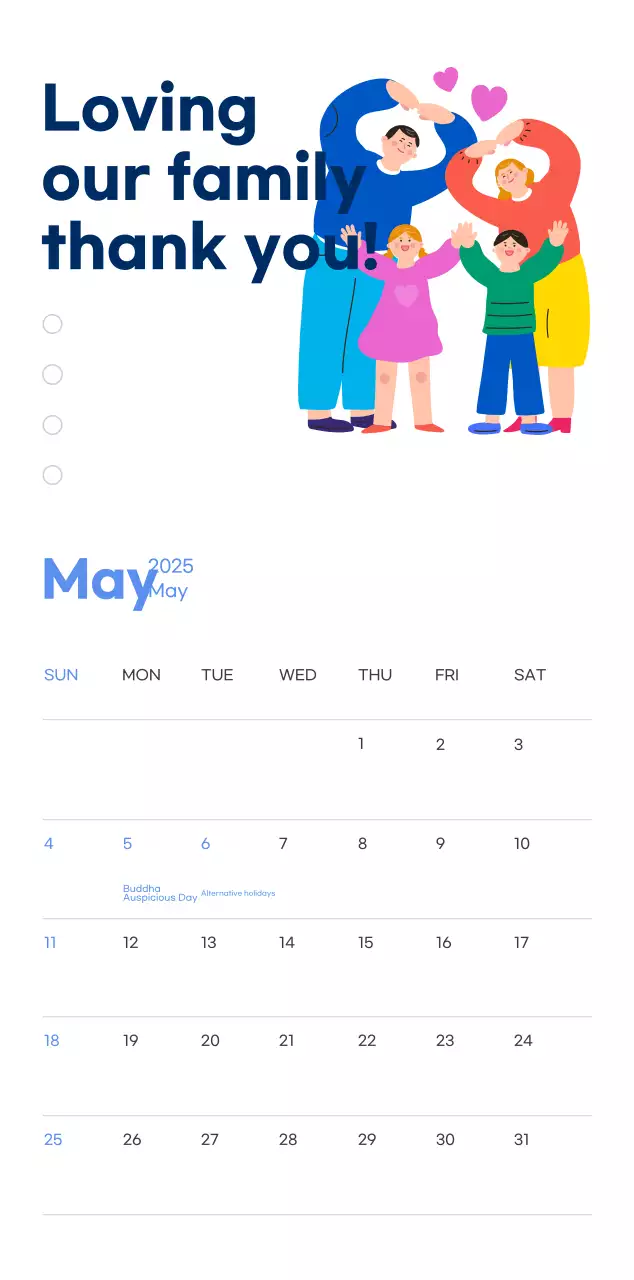 Motivational calendar with energetic illustrations and positive phrases on a light blue background