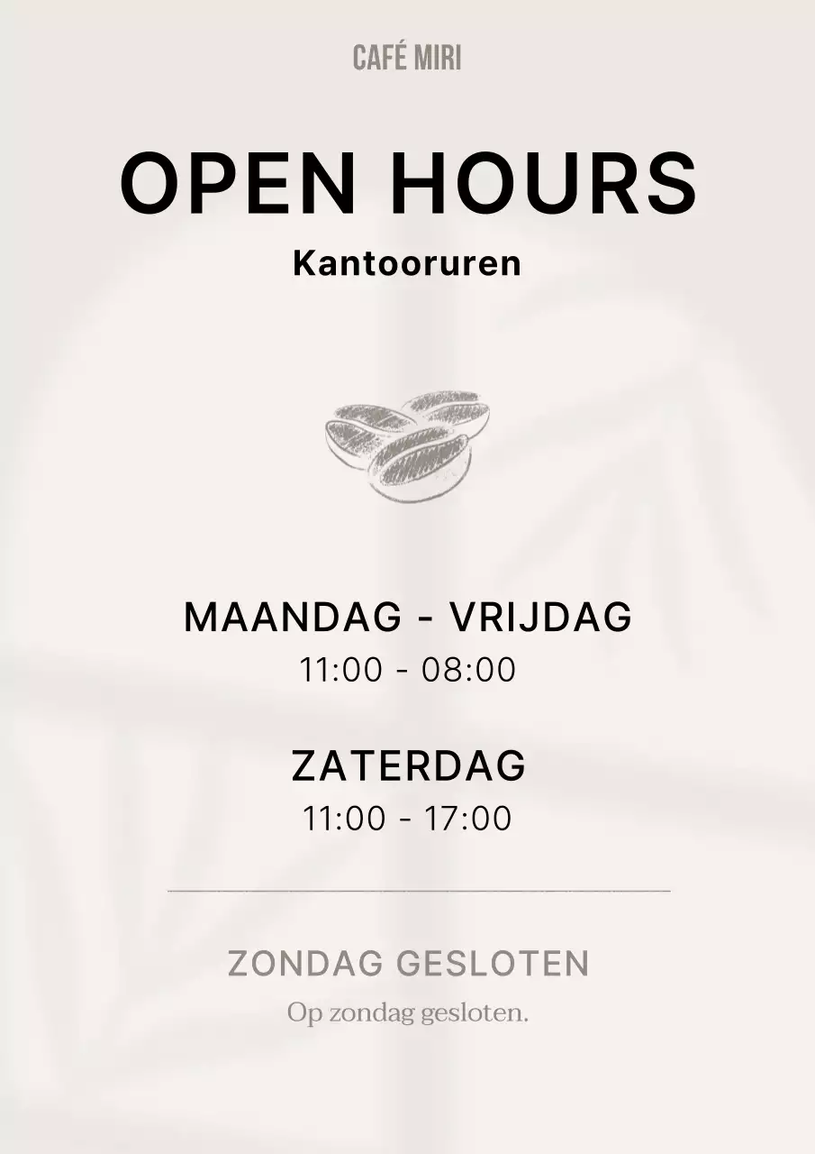 Eenvoudig café in beige en zwart met informatie over sluitingstijd