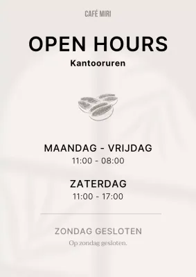 Eenvoudig café in beige en zwart met informatie over sluitingstijd