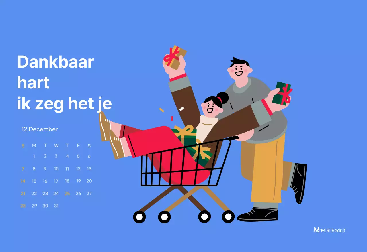 Motiverende kalender met energieke illustraties en positieve citaten op een lichtblauwe achtergrond