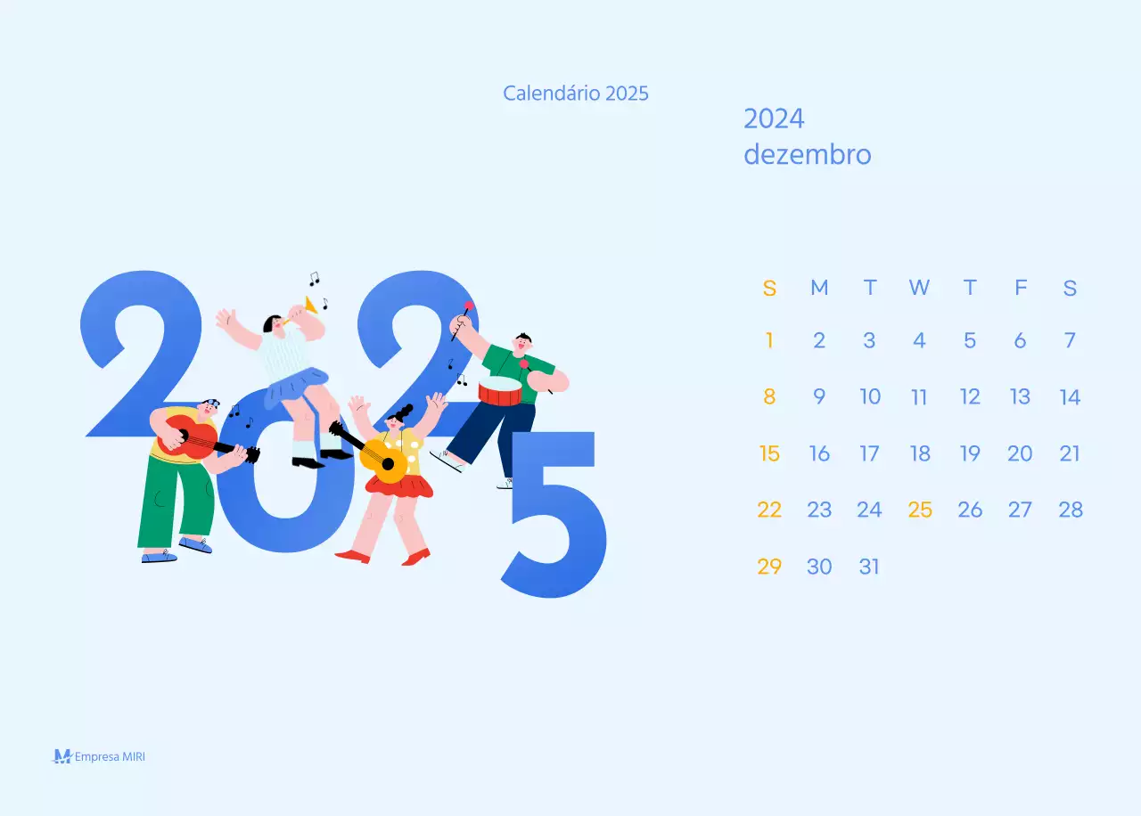 Calendário motivacional com ilustrações energéticas e citações positivas sobre um fundo azul claro