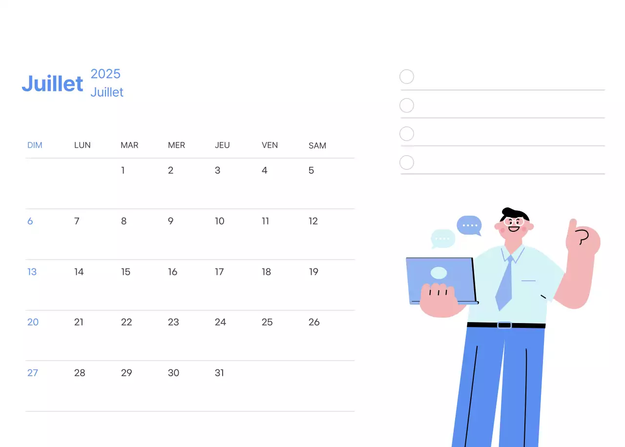 Calendrier de motivation avec des illustrations énergiques et des citations positives sur un fond bleu clair