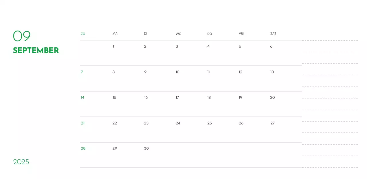 Een kalender met een puppyfoto en een schattige boodschap in groene accentkleur