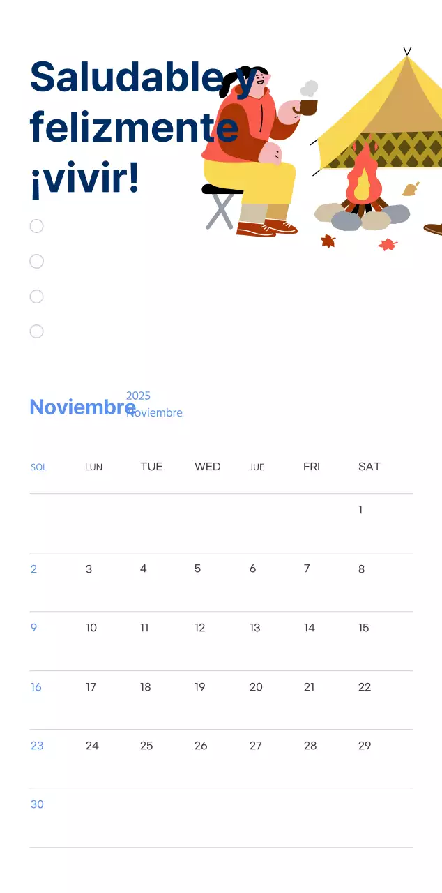 Calendario motivacional con ilustraciones llenas de energía y citas positivas sobre fondo azul claro