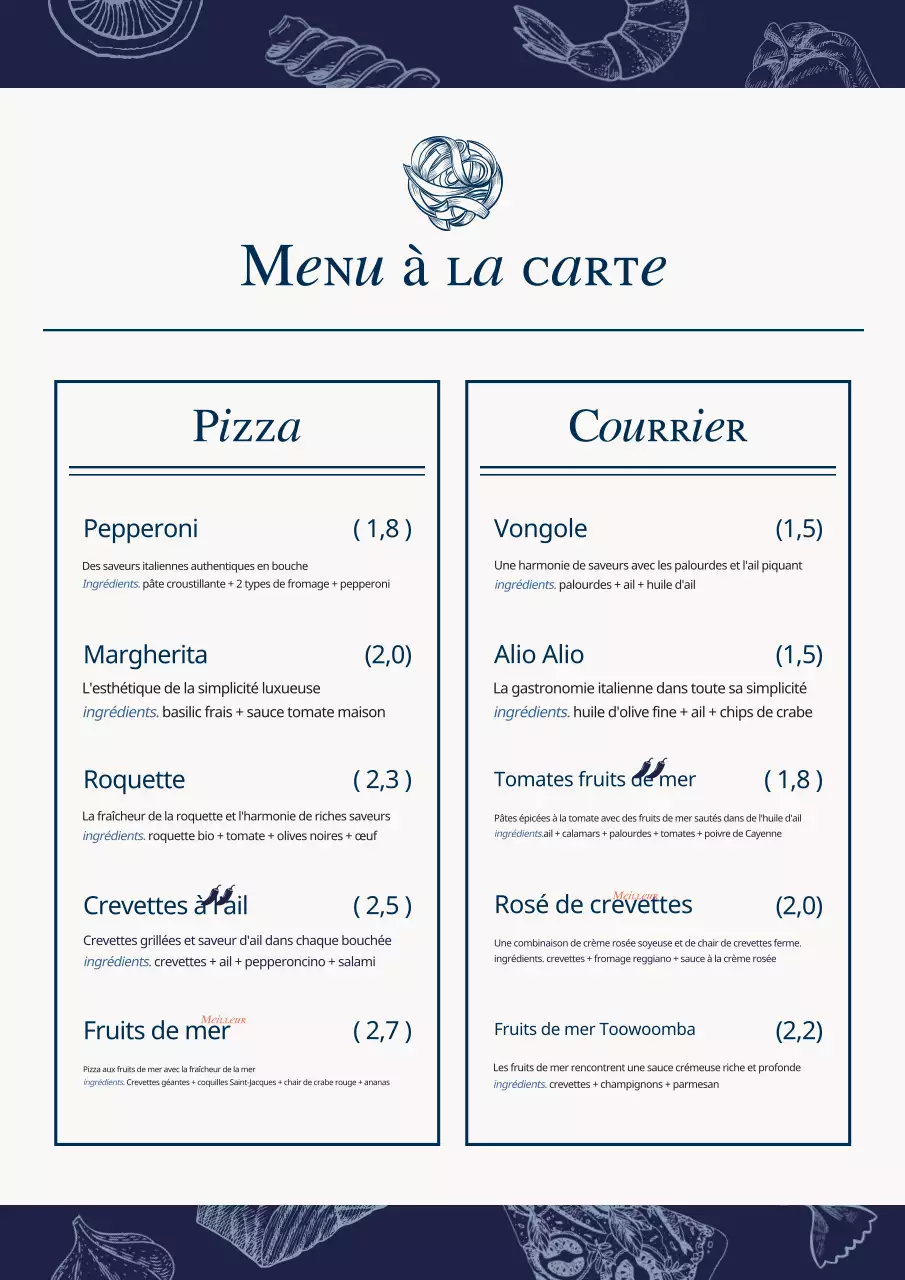 Une collection de tableaux de menus de fruits de mer vintage en bleu clair et bleu marine.