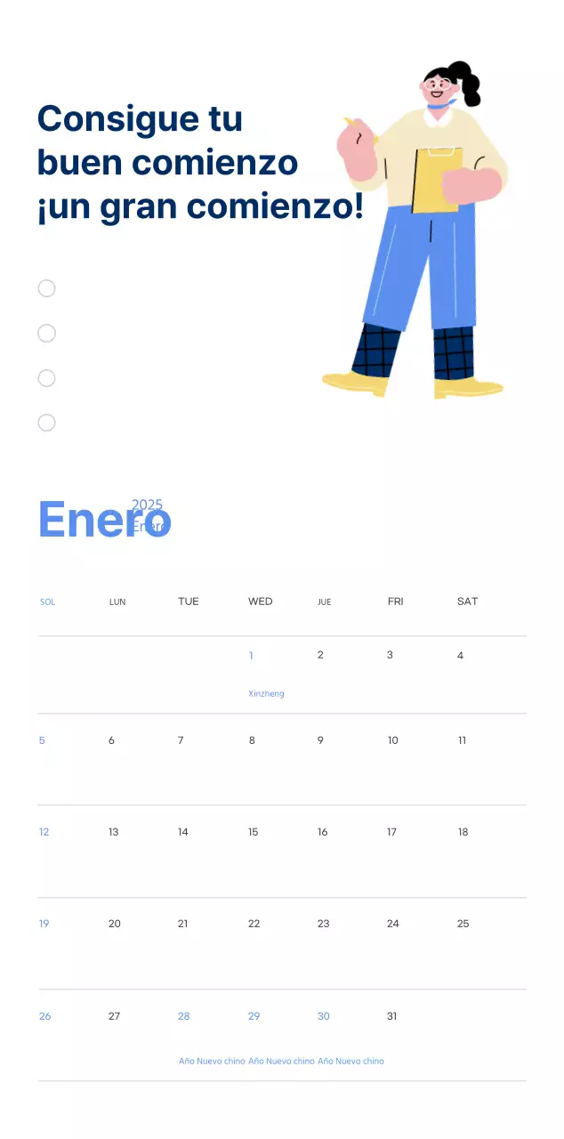 Calendario motivacional con ilustraciones llenas de energía y citas positivas sobre fondo azul claro