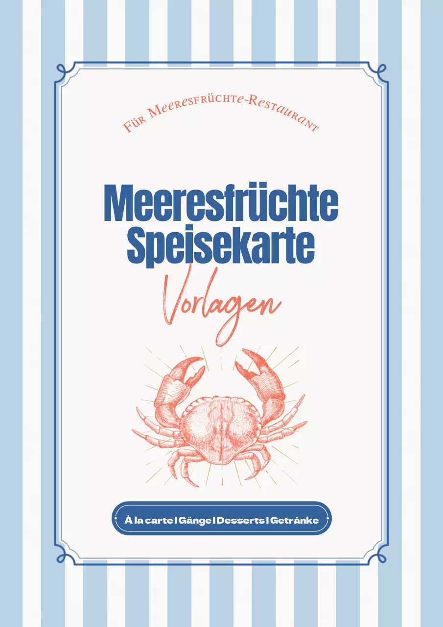 Eine Sammlung alter Menütafeln für Meeresfrüchte in Hellblau und Marineblau.