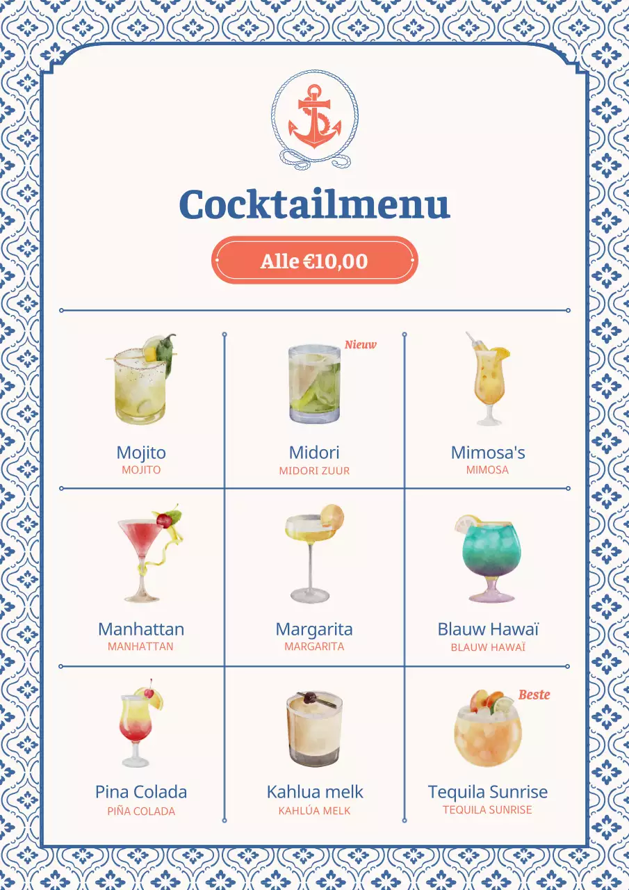 Een verzameling vintage menuborden met zeevruchten in lichtblauw en marineblauw.