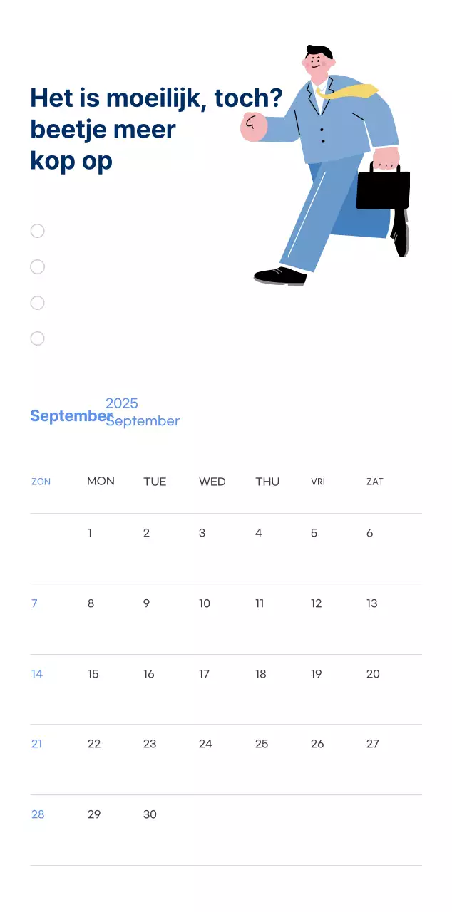Motiverende kalender met energieke illustraties en positieve citaten op een lichtblauwe achtergrond